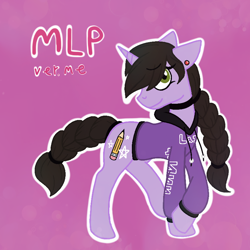 Size: 800x800 | Tagged: safe, artist:alanadamoondemon15, derpibooru import, oc, oc only, pony, unicorn, braid, choker, clothes, ear piercing, female, horn, mare, pencil, piercing, purple background, raised tail, simple background, solo, tail, unicorn oc