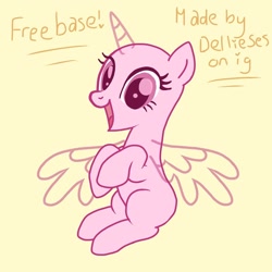 Size: 768x768 | Tagged: safe, artist:dellieses, derpibooru import, oc, oc only, alicorn, pony, alicorn oc, bald, base, colored hooves, eyelashes, horn, open mouth, simple background, sitting, smiling, solo, wings, yellow background