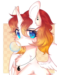 Size: 2432x3207 | Tagged: safe, artist:lazuli, derpibooru import, oc, oc only, alicorn, pony, alicorn oc, bubblegum, bust, chest fluff, commission, ear piercing, food, gum, horn, jewelry, necklace, piercing, signature, simple background, solo, transparent background, wings, ych result