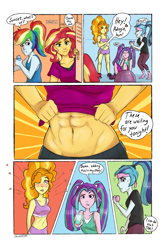 Size: 1387x2087 | Tagged: safe, artist:shimazun, derpibooru import, adagio dazzle, aria blaze, rainbow dash, sonata dusk, sunset shimmer, equestria girls, abs, adonis belt, alternate hairstyle, belly button, blue eyes, blushing, blushing profusely, breasts, cellphone, cleavage, clothes, comic, dialogue, drool, exercise ball, eyelashes, female, flirting, floating heart, gym, gym shorts, gym uniform, hair over one eye, heart, jealous, lesbian, locker room, lockers, midriff, muscles, muscular female, phone, pigtails, ponytail, purple eyes, red eyes, seductive, sexy, shaking, shipping, shirt, shirt lift, shoes, sneakers, socks, speech bubble, sports bra, stupid sexy sunset shimmer, sunsagio, sunset lifter, sweat, text, the dazzlings, twintails, water bottle, weight lifting, weights, wide hips, workout outfit