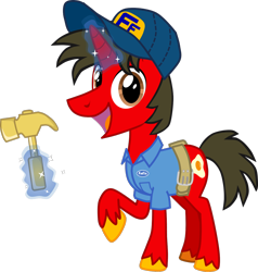 Size: 2580x2709 | Tagged: safe, artist:shadymeadow, derpibooru import, oc, oc:fried egg, pony, unicorn, clothes, costume, fix-it felix jr., hammer, magic, male, nightmare night costume, ralph breaks the internet, simple background, solo, stallion, transparent background, wreck-it ralph, wreck-it ralph 2