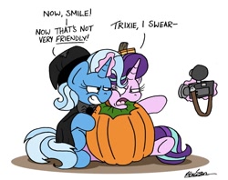 Size: 1024x810 | Tagged: safe, artist:bobthedalek, derpibooru import, starlight glimmer, trixie, pony, unicorn, camera, clothes, costume, grin, hat, inconvenient trixie, magic, pumpkin, pumpkin costume, pumpky wumpkin, smiling, starlight is not amused, telekinesis, unamused, witch costume, witch hat