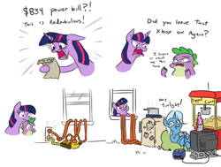 Size: 1196x904 | Tagged: safe, artist:jargon scott, derpibooru import, spike, trixie, twilight sparkle, twilight sparkle (alicorn), alicorn, dragon, pony, unicorn, angry, beanbag chair, bill, chair, cinder block, comic, controller, cooking pot, crossed legs, crying, dexterous hooves, dialogue, electrical outlet, electricity, extension cord, female, food, gamecube, hoof hold, inconvenient trixie, lava lamp, mare, open mouth, open smile, popcorn, pot, power bill, refrigerator, shocked, shocked expression, simple background, sitting, smiling, stealing, teary eyes, television, this will end in bankruptcy, twilight sparkle is not amused, unamused, white background, window