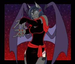 Size: 1920x1646 | Tagged: safe, artist:hasana-chan, oc, oc only, oc:salem sonata, anthro, bat pony, anthro oc, bat pony oc, bat wings, clothes, commission, costume, digital art, eyeshadow, fangs, female, halloween, halloween costume, hex girl, hex girls, lipstick, looking at you, makeup, mare, nightmare night costume, scooby doo and the witch's ghost, slit eyes, smiling, solo, wings
