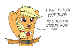 Size: 1800x1080 | Tagged: safe, artist:mkogwheel, applejack, earth pony, pony, applebat, bat wings, costume, dialogue, fangs, female, mare, missing accessory, simple background, solo, underhoof, white background