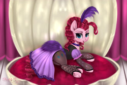 Size: 4500x3000 | Tagged: safe, artist:darksly, derpibooru import, pinkie pie, earth pony, pony, over a barrel, alternate hairstyle, choker, clam, clothes, collar, dress, female, frog (hoof), headdress, looking at you, mare, open mouth, saloon dress, saloon pinkie, see-through, signature, solo, stockings, thigh highs, underhoof