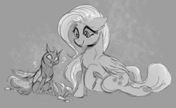 Size: 767x473 | Tagged: safe, artist:zigragirl, derpibooru import, fluttershy, changeling, nymph, pegasus, pony, buggo, cute, cuteling, female, mare, monochrome, shyabetes, traditional art