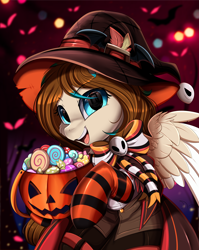 Size: 2550x3209 | Tagged: safe, artist:pridark, derpibooru import, part of a set, oc, oc only, oc:amora bunny, pegasus, pony, candy, clothes, commission, cute, female, food, halloween, hat, high res, holiday, jack-o-lantern, mare, ocbetes, open mouth, pumpkin, socks, solo, striped socks, witch hat, ych result