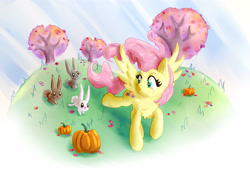 Size: 5000x3455 | Tagged: safe, artist:nedemai, derpibooru import, fluttershy, pegasus, pony, rabbit, animal, autumn, cheek fluff, chest fluff, cute, ear fluff, female, head turn, high res, leaf, leaves, looking at each other, looking at someone, looking back, mare, outdoors, pumpkin, raised hoof, raised leg, running, scenery, shyabetes, smiling, solo, spread wings, tree, windswept hair, wings