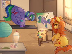 Size: 2800x2122 | Tagged: safe, artist:higglytownhero, derpibooru import, oc, oc only, oc:cinderheart, oc:felicity stars, pegasus, unicorn, belly, big belly, fat, female, impossibly large belly, mare, milkshake, obese, painting, sweat, tongue out, yoga, yoga ball, yoga mat, yoga pose