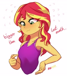 Size: 2810x3200 | Tagged: safe, artist:maren, derpibooru import, sunset shimmer, equestria girls, armpits, blushing, boob boop, breasts, breasts touching, female, implied breast expansion, puberty, simple background, solo, squishy, touch, white background