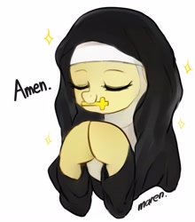 Size: 2900x3293 | Tagged: safe, artist:maren, derpibooru import, fluttershy, pegasus, pony, crucifix, cute, eyes closed, flutternun, mouth hold, nun, nun outfit, praying, shyabetes, simple background, white background