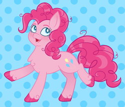 Size: 4300x3700 | Tagged: safe, artist:cherrycandi, derpibooru import, pinkie pie, earth pony, pony, blue background, curly hair, cute, diapinkes, eyebrows, female, fluffy, happy, open mouth, polka dot background, ponk, raised leg, simple background, solo, unshorn fetlocks