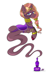 Size: 1179x1538 | Tagged: safe, artist:deltafairy, derpibooru import, oc, oc only, oc:zirithustra, genie pony, pony, unicorn, bottle, bracelet, bridle, ear piercing, earring, female, floating, genie, hairband, horn, horn ring, jewelry, locket, looking at you, mare, neck rings, piercing, ring, saddle, simple background, smiling, solo, tack, transparent background