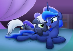 Size: 800x564 | Tagged: safe, artist:jhayarr23, derpibooru import, princess luna, oc, alicorn, pegasus, pony, couple, cuddling, cute, lying down, prone, stalion