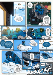 Size: 2480x3508 | Tagged: safe, artist:dsana, derpibooru import, oc, oc:lullaby dusk, pegasus, pony, comic:a storm's lullaby, bandaged leg, blown away, cloud, comic, female, filly, lying, lying down, lying on a cloud, on a cloud, on back, plushie