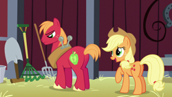 Size: 1280x720 | Tagged: safe, derpibooru import, screencap, applejack, big macintosh, earth pony, pony, brotherhooves social, butt, female, male, mare, plot, stallion