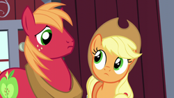 Size: 1280x720 | Tagged: safe, derpibooru import, screencap, applejack, big macintosh, earth pony, pony, brotherhooves social, female, looking at each other, male, mare, stallion