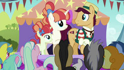 Size: 1280x720 | Tagged: safe, derpibooru import, screencap, blues, carrot top, cherry cola, cherry fizzy, dark moon, golden harvest, graphite, lemon hearts, noteworthy, rainberry, rainbow stars, sugar stix, tender brush, tornado bolt, winter lotus, earth pony, pony, unicorn, brotherhooves social, booth barker, female, filly, male, mare, stallion