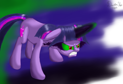 Size: 2972x2018 | Tagged: safe, artist:doctorkolo, derpibooru import, twilight sparkle, unicorn twilight, pony, unicorn, corrupted, corrupted twilight sparkle, dark magic, dark twilight, dark twilight sparkle, darklight, darklight sparkle, female, glowing horn, horn, jewelry, magic, paint tool sai, possessed, regalia, simple background, solo, sombra eyes, twilight is anakin