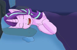 Size: 1280x833 | Tagged: safe, artist:jacksykes, derpibooru import, starlight glimmer, pony, unicorn, bed, drool, sleeping, solo