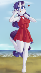 Size: 4320x7680 | Tagged: safe, artist:ev04ka, artist:ev04kaa, derpibooru import, rarity, anthro, unguligrade anthro, unicorn, blushing, clothes, dress, floating heart, heart, ocean, rcf community, solo, standing, standing on one leg, tongue out, underhoof