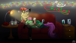 Size: 2520x1420 | Tagged: safe, artist:chu-and-sparky-127, derpibooru import, oc, oc only, oc:firework spark, anthro, pegasus, pikachu, pony, anthro with ponies, duo, female, mare, merry christmas, pegasus oc, pokémon, sofa, wings