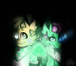 Size: 1024x896 | Tagged: safe, artist:chu-and-sparky-127, derpibooru import, oc, anthro, pegasus, pikachu, pony, anthro with ponies, black background, bust, chest fluff, duo, glowing eyes, neckerchief, pegasus oc, pokémon, simple background, smiling, wings