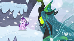 Size: 1920x1080 | Tagged: safe, derpibooru import, screencap, queen chrysalis, starlight glimmer, changeling, changeling queen, pony, unicorn, the ending of the end, mountain, snow, ultimate chrysalis