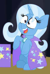 Size: 1400x2069 | Tagged: safe, artist:puperhamster, derpibooru import, trixie, pony, unicorn, cape, clothes, cute, diatrixes, female, mare, sitting, solo, stage, trunk