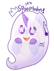 Size: 1381x1841 | Tagged: safe, artist:pasteldraws, derpibooru import, oc, oc:dream-walker, pony, unicorn, accessories, bust, crown, cute, excited, fluffy, freckles, jewelry, regalia, simple background, smiling, solo, spooktober, starry eyes, sticker style, transparent background, wingding eyes