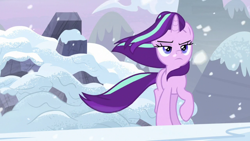 Size: 1920x1080 | Tagged: safe, derpibooru import, screencap, starlight glimmer, pony, unicorn, the ending of the end, mountain, rock, snow, solo, windswept mane