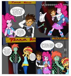 Size: 5578x5988 | Tagged: safe, artist:sodaska, derpibooru import, pinkie pie, sunset shimmer, oc, oc:copper plume, oc:ruby sword, equestria girls, argument, bridal carry, canon x oc, carrying, copperpie, eating, fear, female, flashback, food, frightened, halloween, haunted house, holiday, implied violence, looking at each other, male, offscreen violence, popcorn, pouting, scared, scolding, screaming, shipping, straight, sunsword