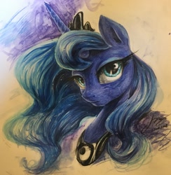 Size: 2950x3022 | Tagged: safe, artist:musical ray, derpibooru import, princess luna, alicorn, pony, bust, female, long hair, mare, night, portrait, solo, traditional art