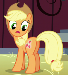 Size: 462x510 | Tagged: safe, derpibooru import, screencap, applejack, earth pony, pony, brotherhooves social, booty call, butt, cropped, glowing cutie mark, plot, solo