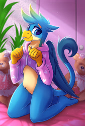 Size: 1350x2000 | Tagged: safe, artist:shadowreindeer, derpibooru import, gallus, anthro, griffon, plantigrade anthro, blushing, clothes, cute, gallabetes, girly, hoodie, indoors, kneeling, looking at you, smiling, solo, teddy bear