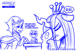 Size: 1024x689 | Tagged: safe, artist:jcosneverexisted, derpibooru import, king sombra, princess flurry heart, queen chrysalis, changeling, changeling queen, pony, season 9 doodles, the beginning of the end, angry, baby, dialogue, facepalm, female, male, stallion