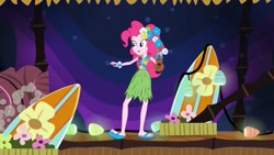 Size: 1600x900 | Tagged: safe, derpibooru import, screencap, pinkie pie, equestria girls, shake your tail, clothes, feet, grass skirt, heel pop, hula, hulapie, sandals, skirt, sole, solo