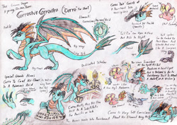 Size: 2909x2062 | Tagged: safe, artist:grimmyweirdy, derpibooru import, oc, oc:corrovire, dragon, scorpion, comic:grims weird adventures, acid, desk, dragon oc, scripture, traditional art, writing