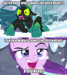 Size: 600x674 | Tagged: safe, derpibooru import, edit, edited screencap, screencap, queen chrysalis, starlight glimmer, changeling, changeling queen, pony, unicorn, the ending of the end, adventure time, caption, image macro, text, ultimate chrysalis