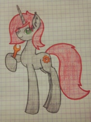 Size: 972x1296 | Tagged: safe, artist:helemaranth, derpibooru import, oc, oc only, pony, unicorn, graph paper, hoof hold, horn, solo, traditional art, unicorn oc, wrench