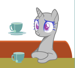 Size: 1130x1024 | Tagged: safe, artist:thieeur-nawng, derpibooru import, oc, oc only, pony, unicorn, bald, base, bust, cup, eyelashes, food, horn, magic, simple background, sitting, smiling, solo, tea, teacup, telekinesis, unicorn oc, white background