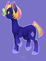 Size: 768x1024 | Tagged: safe, artist:helemaranth, derpibooru import, oc, oc only, bicorn, butterfly, pony, blue background, colored hooves, horn, multiple horns, raised hoof, simple background