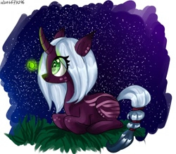 Size: 1000x870 | Tagged: safe, artist:helemaranth, derpibooru import, oc, oc only, firefly (insect), insect, pony, unicorn, eyelashes, horn, lying down, night, outdoors, prone, smiling, stars, unicorn oc