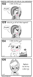 Size: 1320x3035 | Tagged: safe, artist:pony-berserker, derpibooru import, applejack, gilda, marble pie, earth pony, griffon, pony, pony-berserker's twitter sketches, behaving like a bird, blushing, cute, female, gilda is not amused, gildadorable, gildere, glass eye, hat, marblebetes, monochrome, neo noir, partial color, puffy cheeks, scar, shy, simple background, sketch, smiling, solo, speech bubble, stippling, talking to viewer, tsundere, unamused, white background