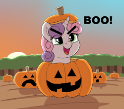 Size: 1124x994 | Tagged: safe, artist:heretichesh, derpibooru import, edit, sweetie belle, pony, unicorn, >:d, autumn, bush, cute, diasweetes, female, field, filly, forest, happy, hnnng, open mouth, ponies in food, pumpkin, pumpkin patch, smiling, smoltober, solo, sunset, tree, weapons-grade cute