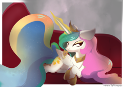 Size: 2481x1754 | Tagged: safe, artist:therealf1rebird, derpibooru import, princess celestia, alicorn, pony, alcohol, bed, female, horn, magic, mare, solo, telekinesis, wine, wings