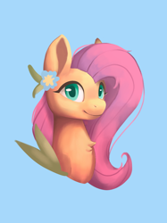 Size: 1024x1366 | Tagged: safe, artist:kusoazi, derpibooru import, fluttershy, pegasus, pony, blue background, bust, chest fluff, female, flower, flower in ear, looking at you, mare, portrait, simple background, smiling, solo, three quarter view, wings