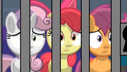 Size: 1280x720 | Tagged: safe, derpibooru import, edit, edited screencap, screencap, apple bloom, scootaloo, sweetie belle, marks for effort, 1000 hours in ms paint, cutie mark crusaders, prison