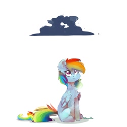 Size: 1080x1080 | Tagged: safe, artist:colorbrush, derpibooru import, rainbow dash, pegasus, pony, cheek fluff, chest fluff, cloud, ear fluff, female, folded wings, looking at something, looking up, mare, neck fluff, raincloud, sad, simple background, sitting, solo, white background, wing fluff, wings